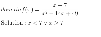 The domain of f(x)=(x+7)/(x^2-14x+49) is x<7\lor x>7